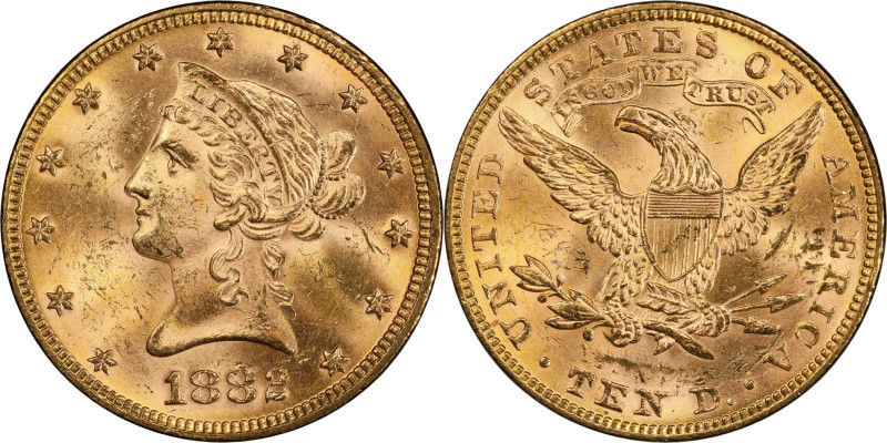 1882 Liberty Head Eagle. MS-63+ (PCGS).

Delightful satin surfaces are also po...