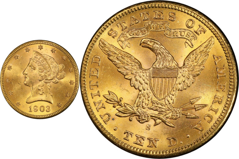 1903-S Liberty Head Eagle. MS-64+ (PCGS). CAC.

Beautiful golden-apricot surfa...