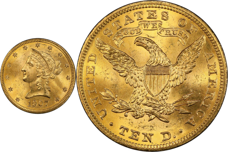 1907 Liberty Head Eagle. MS-64+ (PCGS). CAC.

A lovely deep golden-apricot exa...