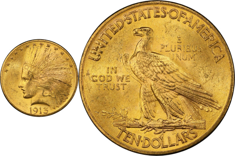 1913 Indian Eagle. MS-64+ (PCGS).

A lustrous, smooth and vividly colored exam...