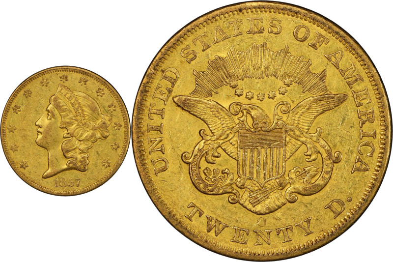 1857-O Liberty Head Double Eagle. Winter-1, the only known dies. AU-55 (PCGS).
...