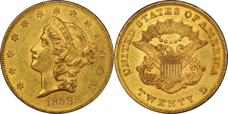 1858 Liberty Head Double Eagle. MS-61 (PCGS).

The lustrous and vivid surfaces...