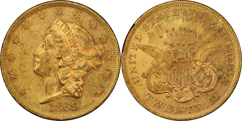 1869 Liberty Head Double Eagle. AU-58 (PCGS).

Flashy medium rose-honey surfac...