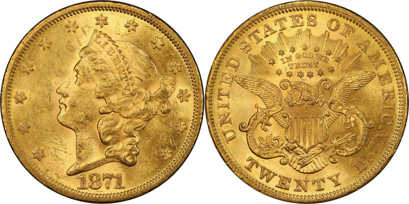 1871-S Liberty Head Double Eagle. MS-61 (PCGS).

Premium quality San Francisco...