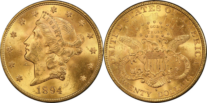 1894-S Liberty Head Double Eagle. MS-64+ (PCGS). CAC.

A lustrous and satiny e...