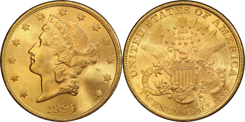 1899-S Liberty Head Double Eagle. MS-63 (PCGS).

Lovely golden-apricot color m...