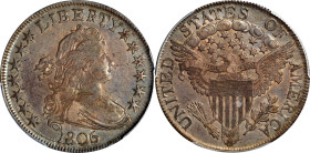 1806 Draped Bust Half Dollar. O-115a, T-17. Rarity-1. Pointed 6, Stem Through Claw. EF-40 (PCGS).

Dusty, antique silver-gray surfaces show richer o...