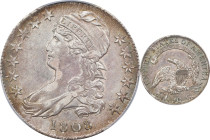 1808 Capped Bust Half Dollar. O-103. Rarity-2. Die State 103.3. AU-55 (PCGS).

Blushes of pale olive-blue and champagne-pink iridescence hug the bor...