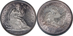 1839 Liberty Seated Half Dollar. No Drapery. WB-1. Rarity-3. AU-55 (PCGS).

Peripherally toned in iridescent powder blue and champagne-pink, this vi...