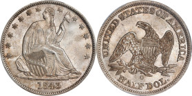 1843-O Liberty Seated Half Dollar. WB-1. Rarity-4. Repunched Date. MS-63+ (PCGS).

Pleasing toning in pale reddish-gold engages the viewer from both...