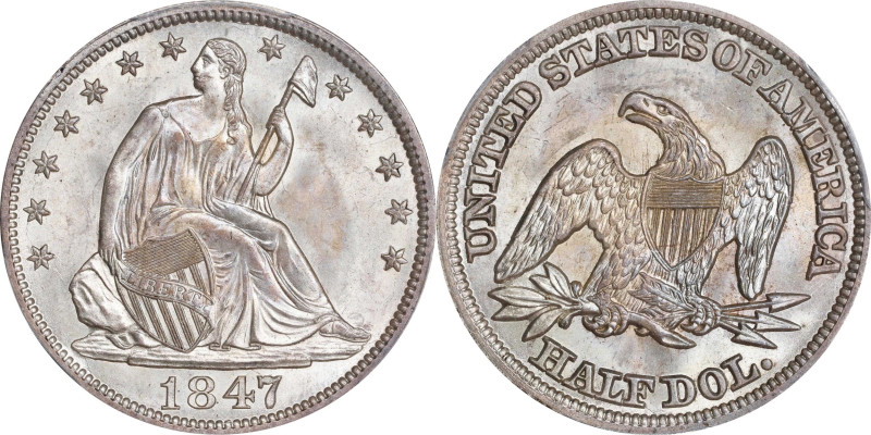 1847 Liberty Seated Half Dollar. WB-2. Rarity-3. Repunched Date. MS-65 (PCGS).
...