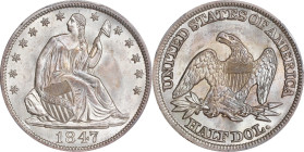 1847 Liberty Seated Half Dollar. WB-2. Rarity-3. Repunched Date. MS-65 (PCGS).

Silken satin luster flows serenely over surfaces that are further en...