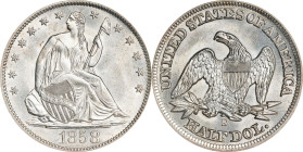 1858-S Liberty Seated Half Dollar. WB-12. Rarity-3. Misplaced Date, Medium S. MS-63 (PCGS).

A tinge of champagne-gold iridescence adorns surfaces t...