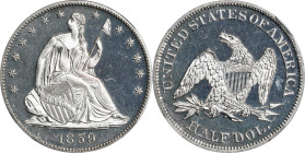 1859 Liberty Seated Half Dollar. Proof-65 Cameo (NGC).

Brilliant silver surfaces allow ready appreciation of bold cameo contrast between frosty dev...