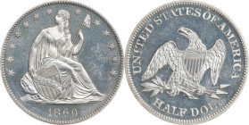 1860 Liberty Seated Half Dollar. Type II Reverse. Proof-65 (NGC).

Delightful surfaces exhibit a dusting of pale silver and gold iridescence to a mo...