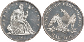 1861 Liberty Seated Half Dollar. Proof-66 (NGC).

A well mirrored specimen, the surfaces are expertly preserved beneath a dusting of pretty champagn...