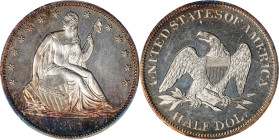 1861 Liberty Seated Half Dollar. Proof-64+ (PCGS).

Lovely near-Gem surfaces are golden-tinged overall with a splashes of bolder cobalt blue and ros...