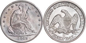 1862-S Liberty Seated Half Dollar. WB-1. Rarity-3. Damaged 6, Type I Reverse, Large S. MS-63 (PCGS).

A full quota of soft, satiny mint luster mingl...