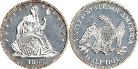 1863 Liberty Seated Half Dollar. Proof-64 Cameo (PCGS).

A blush of iridescent reddish-gold along the upper obverse border is the only toning of not...