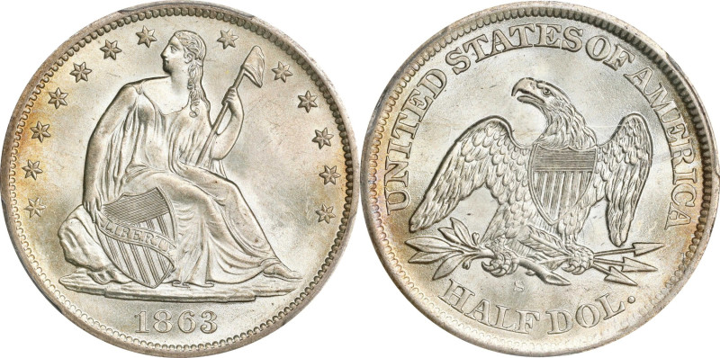 1863-S Liberty Seated Half Dollar. WB-4. Rarity-3. Small Broken S. MS-64+ (PCGS)...