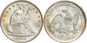 1863-S Liberty Seated Half Dollar. WB-4. Rarity-3. Small Broken S. MS-64+ (PCGS).

Highly lustrous, satin-textured surfaces with enhancing blushes o...