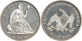 1864 Liberty Seated Half Dollar. Proof-64 Cameo (PCGS).

Golden-tinged surfaces show bold field to device contrast as the coin rotates under a light...