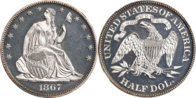 1867 Liberty Seated Half Dollar. Proof-66 Cameo (NGC).

Captivating Gem Cameo Proof surfaces are veiled in delicate champagne-gold iridescence. A bo...