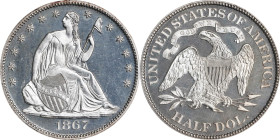 1867 Liberty Seated Half Dollar. Proof-65 Cameo (NGC).

Otherwise silver-tinged surfaces exhibit a crescent of slightly warmer iridescent sandy-gold...