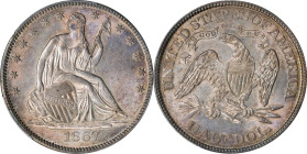 1867 Liberty Seated Half Dollar. WB-8. Rarity-3. MS-63 (PCGS).

A delightfully choice Mint State 1867 half dollar. A frosted, satiny luster glows, a...