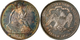 1868 Liberty Seated Half Dollar. Proof-64+ (PCGS). CAC.

This mostly silver-tinged example exhibits splashes of mottled olive-gray, steel-blue, coba...