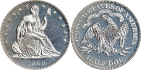 1869 Liberty Seated Half Dollar. Proof-64+ (PCGS).

Delicate peripheral color in hazy gold yields to silvery tinting elsewhere on this sharp and ref...