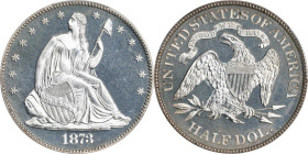 1873 Liberty Seated Half Dollar. No Arrows. Close 3. Proof-65 Cameo (PCGS).

A fully struck, nicely cameoed specimen dusted with delicate sandy-silv...