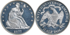 1877 Liberty Seated Half Dollar. Proof-66 Cameo (NGC).

This silver-tinged Gem sits at the top of the NGC Census for Cameo-designated examples of th...