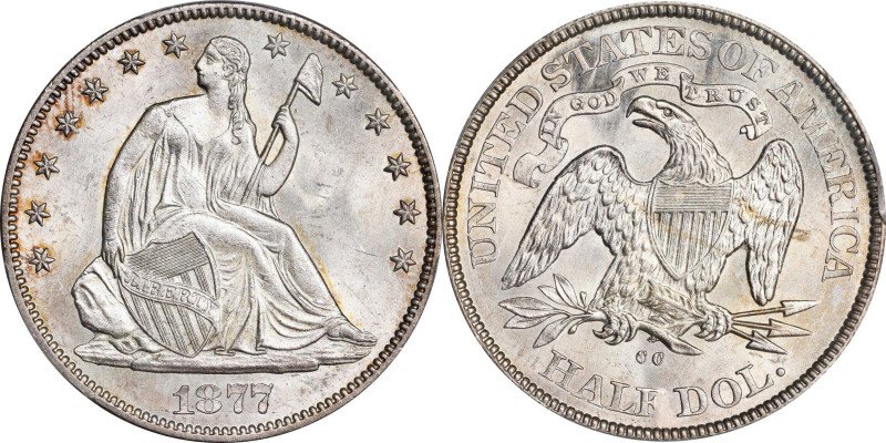 1877-CC Liberty Seated Half Dollar. WB-15. Rarity-2. Type II Reverse, Medium CC....