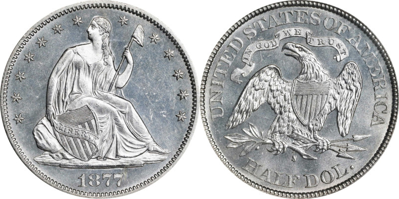 1877-S Liberty Seated Half Dollar. WB-30. Rarity-3. Type II Reverse, Very Small ...