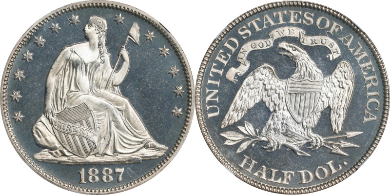 1887 Liberty Seated Half Dollar. Proof-67 Cameo (NGC).

Bold contrast between ...