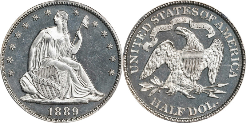 1889 Liberty Seated Half Dollar. Proof-65 Cameo (PCGS).

Lightly frosted motif...