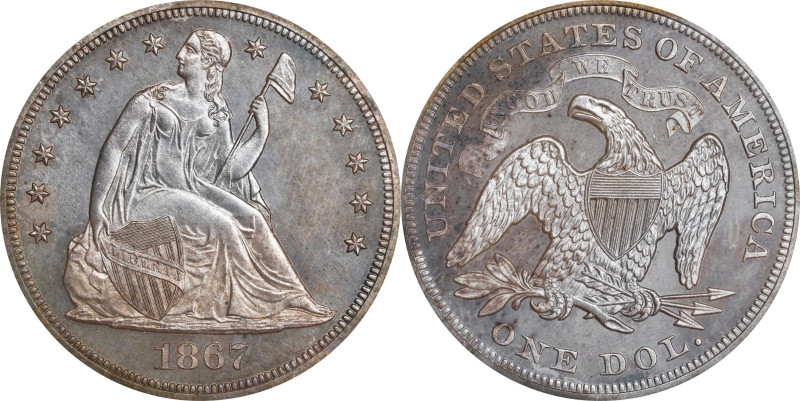 1867 Liberty Seated Silver Dollar. Proof-64 (PCGS).

Warmly toned in smoky pea...