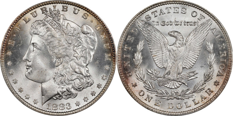 1883 Morgan Silver Dollar. MS-67 (PCGS).

Gently toned around the peripheries,...