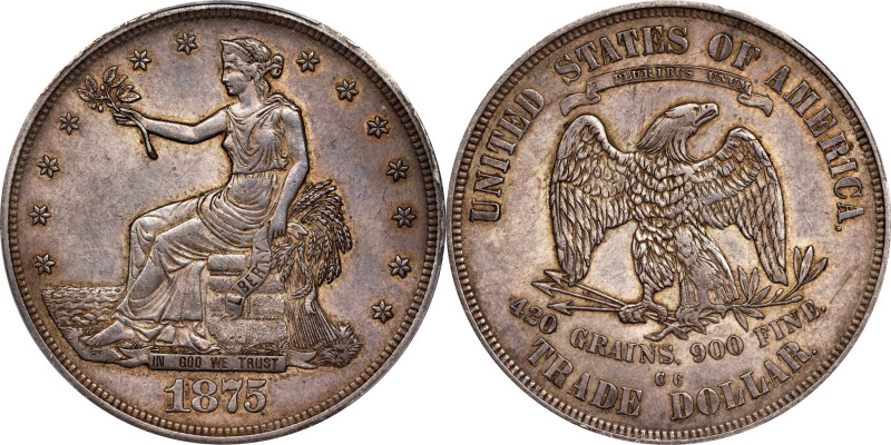 1875-CC Trade Dollar. Type I/I. AU-53 (PCGS). CAC.

Light honest wear from a s...