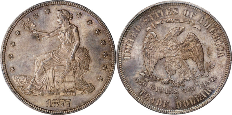 1877-S Trade Dollar. MS-64 (PCGS).

Softly frosted surfaces are fully lustrous...