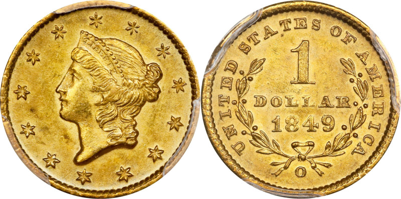 1849-O Gold Dollar. Winter-2. MS-63 (PCGS).

Frosty golden-olive surfaces also...