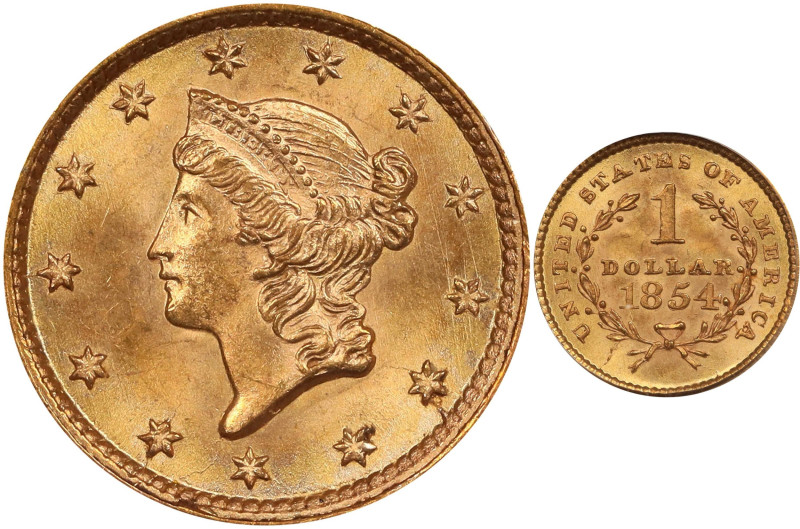 1854 Gold Dollar. Type I. MS-65 (PCGS). CAC.

A delightfully original and well...