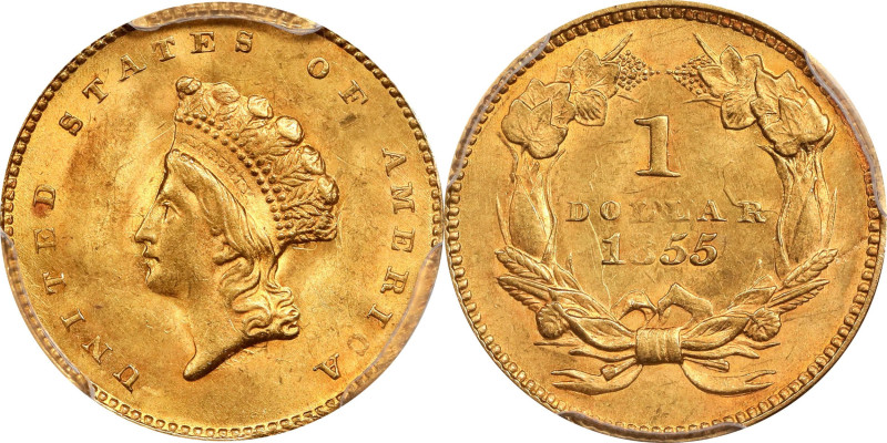 1855 Gold Dollar. Type II. MS-63 (PCGS).

A short-lived type, the Type II gold...