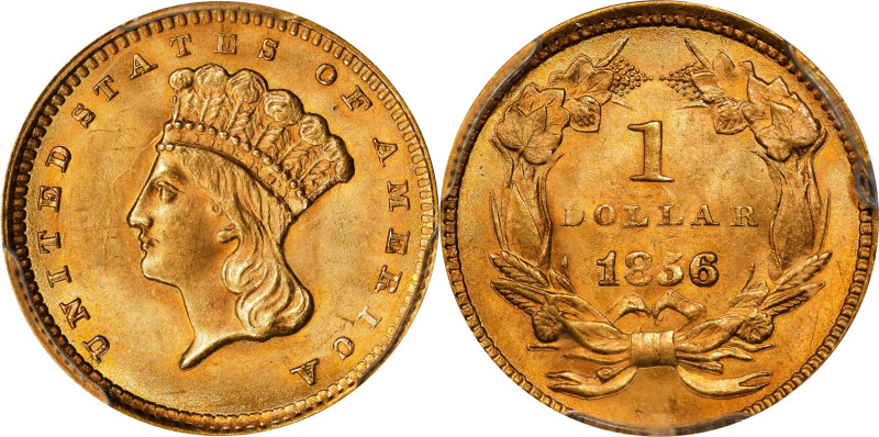 1856 Gold Dollar. Slant 5. MS-65 (PCGS).

The more plentiful date logotype of ...