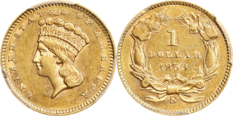 1859-S Gold Dollar. AU-58 (PCGS). CAC.

The satiny to softly frosted surfaces ...