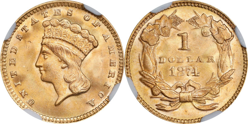 1874 Gold Dollar. MS-67+ (NGC).

A great example for a gold type set, this Sup...