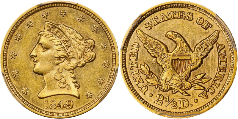 1849 Liberty Head Quarter Eagle. MS-60 (PCGS).

Rich medium-gold surfaces exhi...