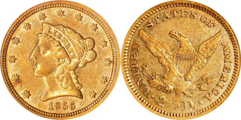 1866 Liberty Head Quarter Eagle. AU-50 (NGC).

This is an exceptionally vivid ...