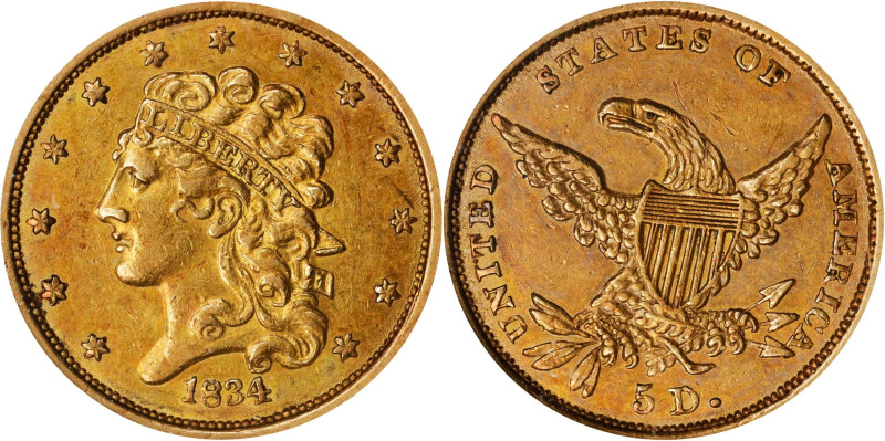 1834 Classic Head Half Eagle. HM-1. Rarity-3. Plain 4. AU-58 (NGC).

Rich hone...